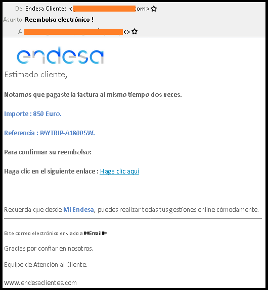 Correo electrónico de phishing a Endesa