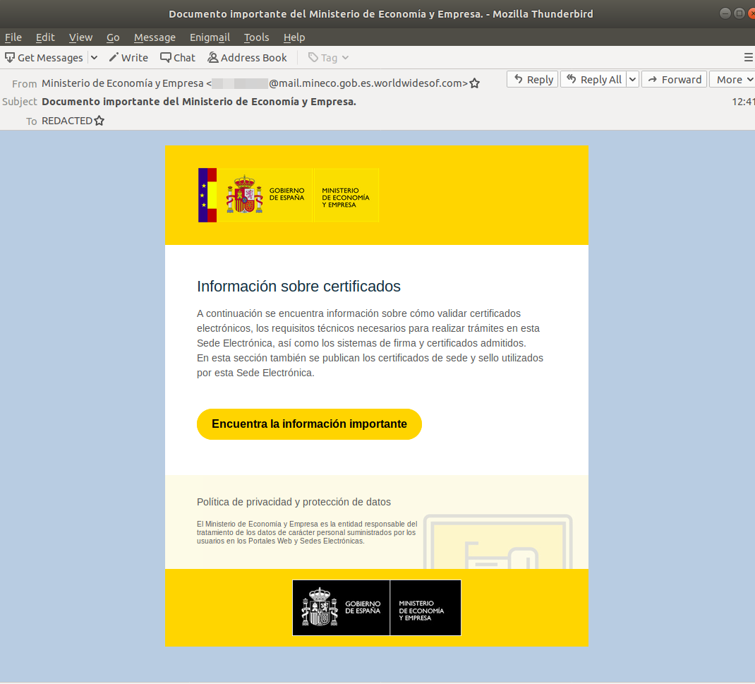 Imagen detallada del phishing al MINECO