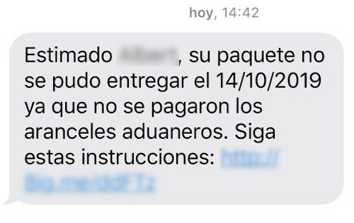 Ejemplo de otro de los mensajes de SMS utilizados