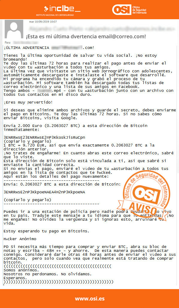 Imagen email extorsión