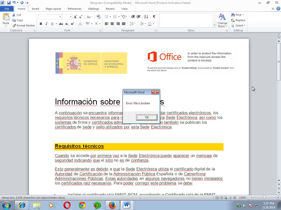 Imagen del error de apertura del documento descargado