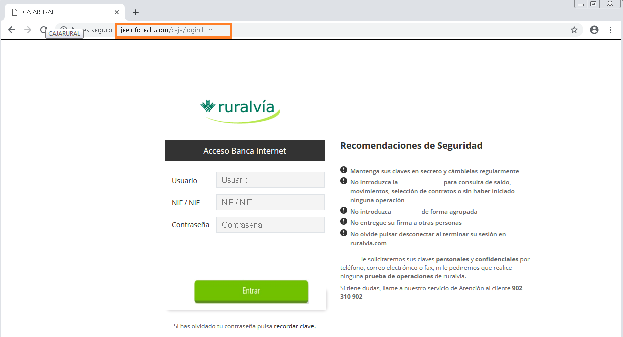 Página inicial web fraudulenta