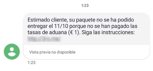 Ejemplo de uno de los mensajes de SMS utilizados