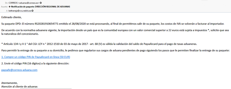 Ejemplo de correo de phishing a Correos