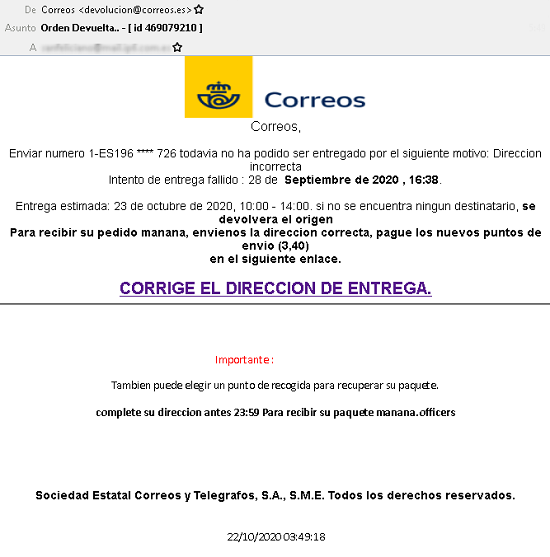 Imagen correo suplantación Correos