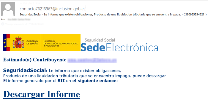 Imagen correo suplantación Ministerio de Inclusión, Seguridad Social y Migraciones