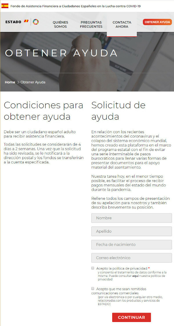 Web fraudulenta ofreciendo supuestas ayudas económicas por Covid-19, formulario de solicitud