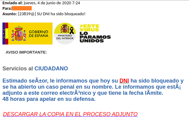 Ejemplo de correo malicioso que suplanta al Ministerio del Interio