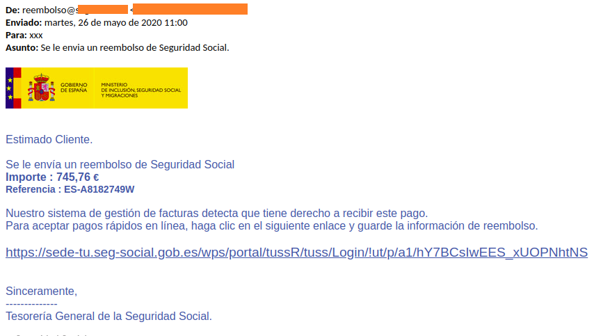 Ejemplo de correo malicioso que suplanta a la Tesorería General de la Seguridad Social