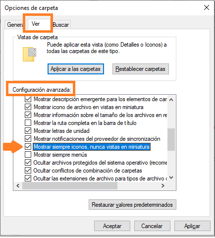 Imagen configuración navegador de carpetas de Windows