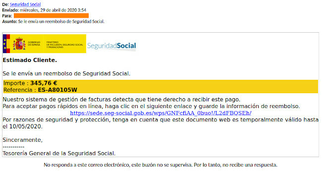 Ejemplo de correo electrónico fraudulento suplantando a la Seguridad Social