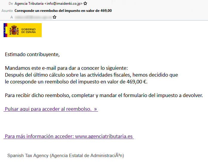 Correo falso de la Agencia Tributaria