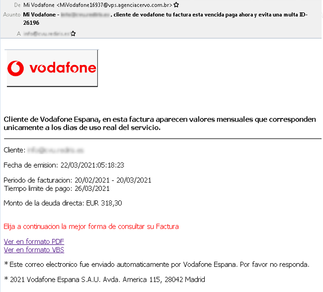 Correo falso Vodafone factura