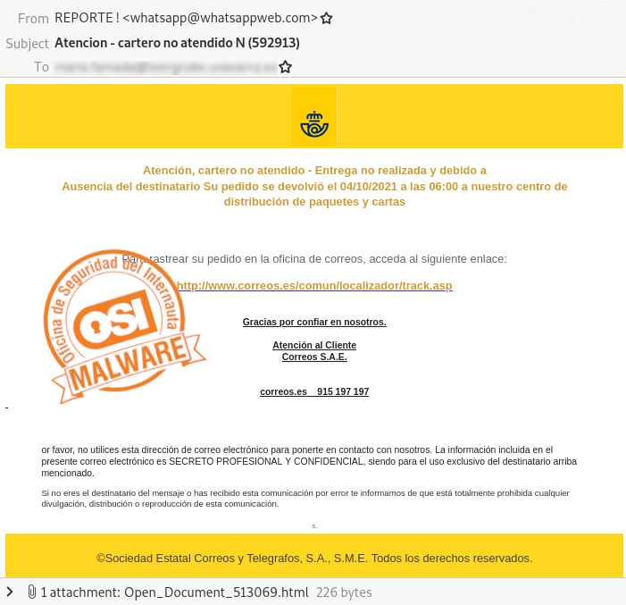 Email falso de Correos