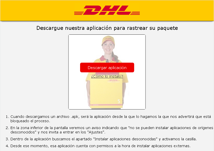 Imagen pagina falsa DHL