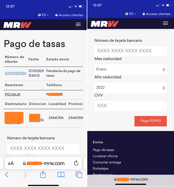 Capturas de pantalla de la página que suplanta a MRW