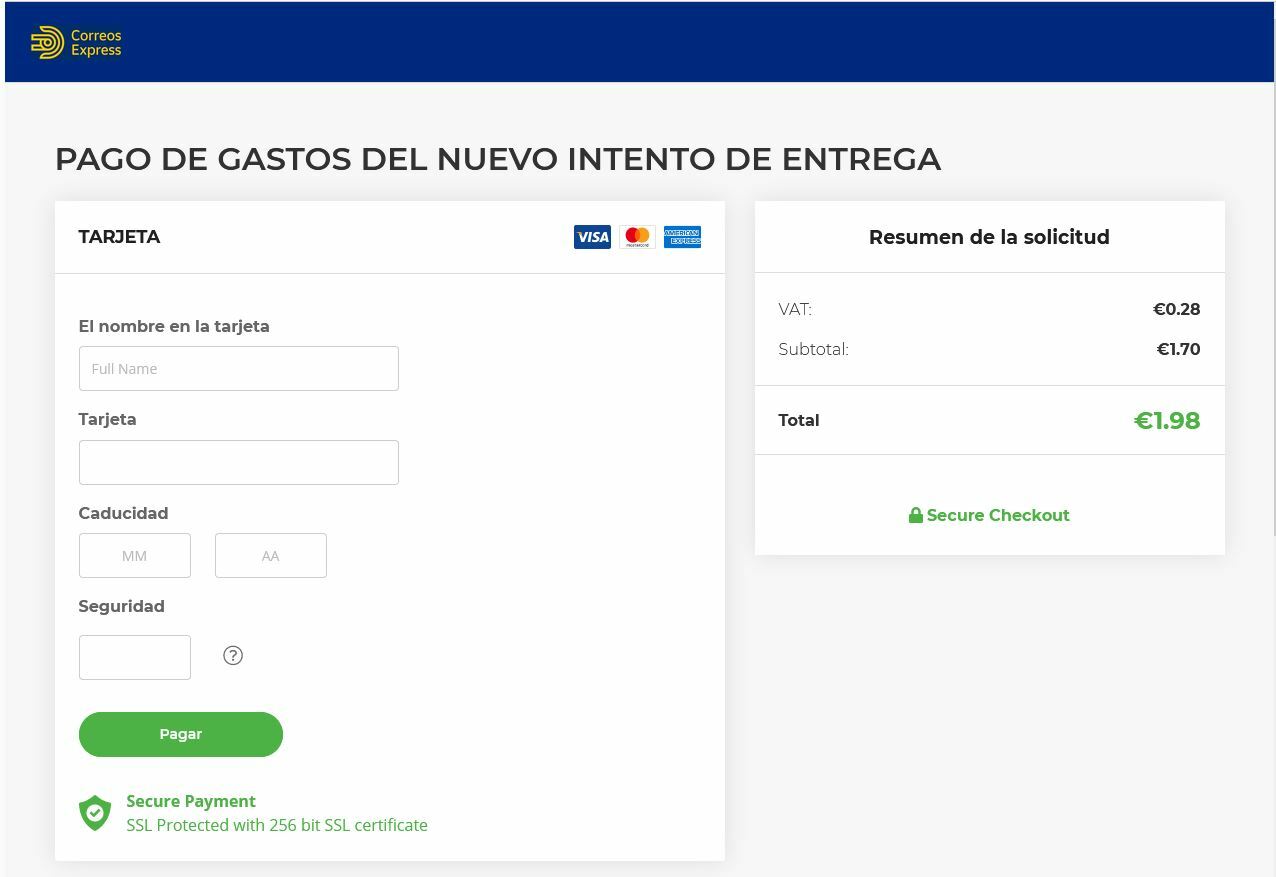 Datos bancarios que solicita la web fraudulenta que suplanta a Correos Express