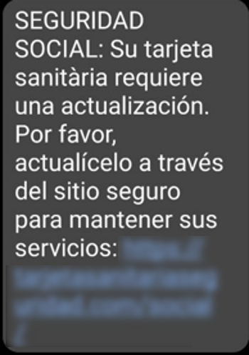 Texto enviado a través de SMS, en donde avisa que se requiere actualizar la tarjeta sanitária a través del enalce adjunto.