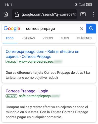 Páginas fraudulentas que suplantan a Correos Prepago mostradas a través de anuncios tras realizar una búsqueda por Google