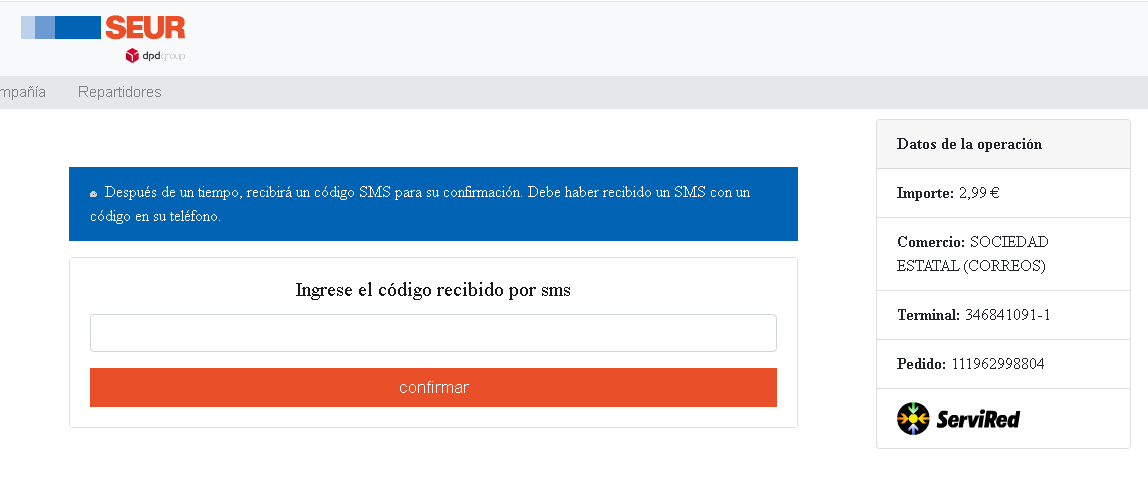 Formulario web falsa SEUR