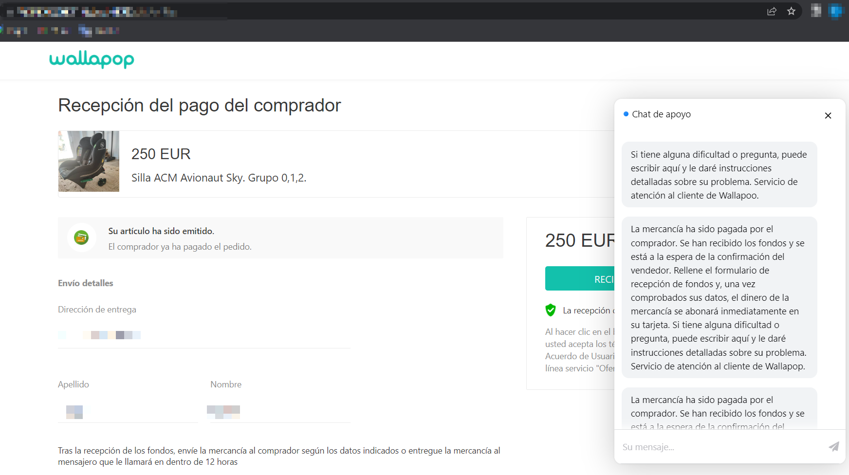 Captura de venta con chat de wallapop