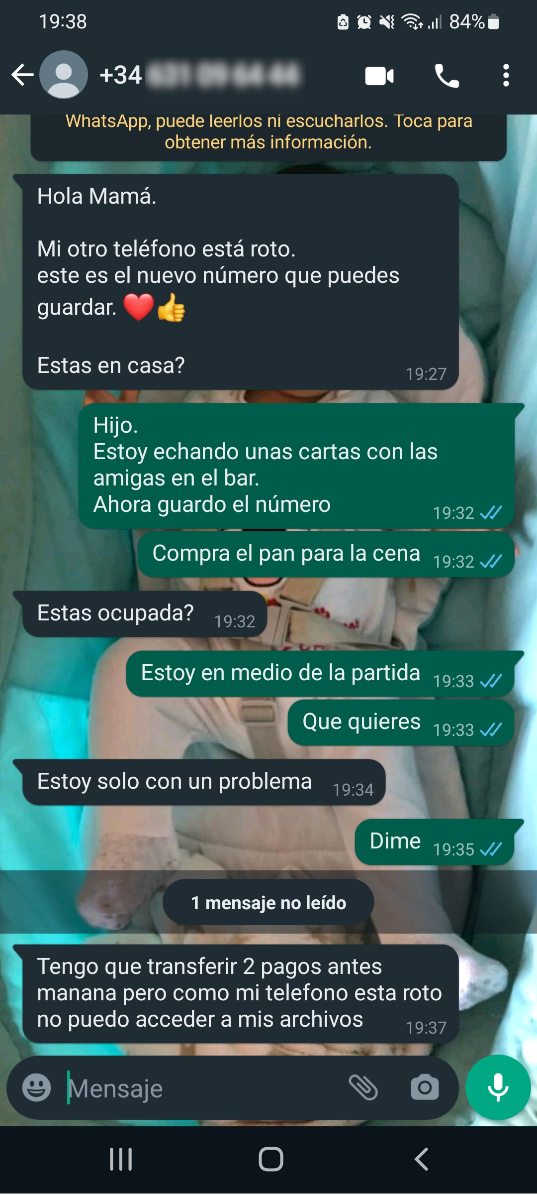 Conversación de ejemplo del fraude en WhatsApp