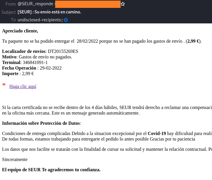 Ejemplo de correo fraudulento que suplanta a SEUR