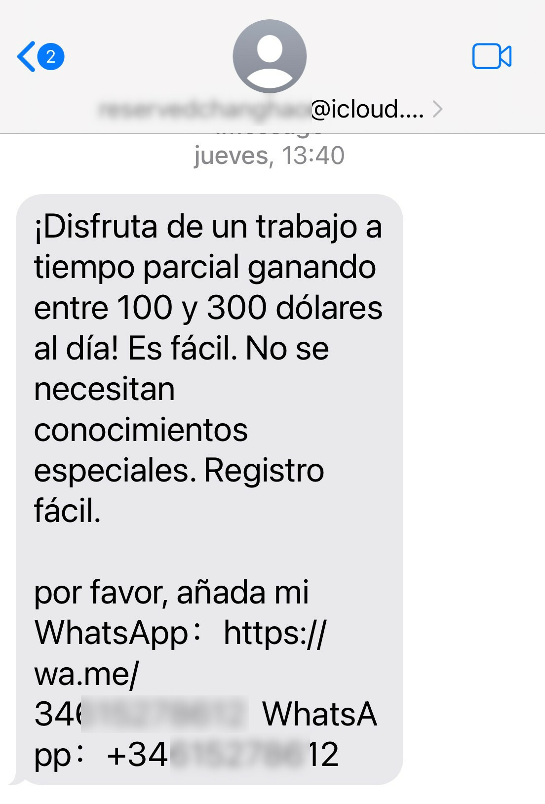 Ejemplo de SMS fraudulento detectado con falsa oferta de empleo