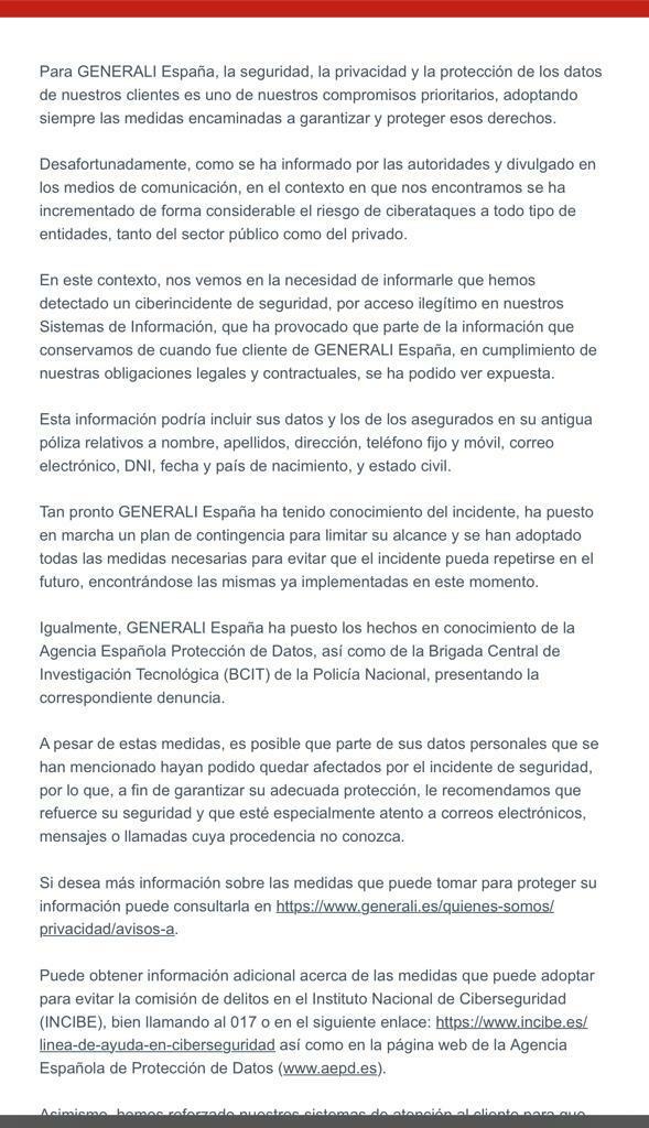 Comunicado oficial Generali