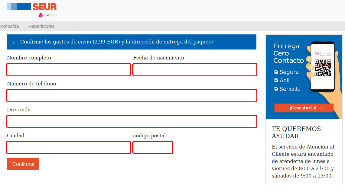 Formulario web falsa SEUR