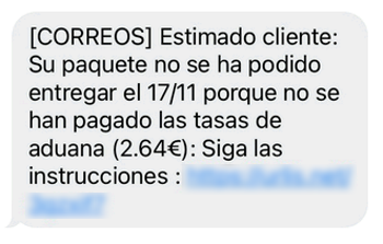 Texto SMS en donde se suplanta la identidad de Correos, alarmando a la víctima de que debe abonar un pago de tasas de aduanas 2.64€ para recibir su paquete y que para ello pulse en el enlace.