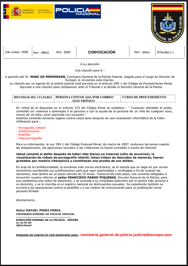 Evidencia del documento que suplanta a la Policía Nacional