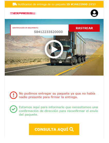 Ejemplo de mensaje fraudulento que suplanta a DHL