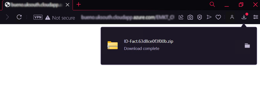 Se muestra una ventana del navegador la cual está descargando la supuesta factura en un archivo comprimido.