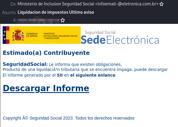 Esta imagen refleja el correo electrónico fraudulento en el cual se informa al usuario de que debe hacer una liquidación tributaria, adjunto hay un enlace con el cual se descarga un archivo