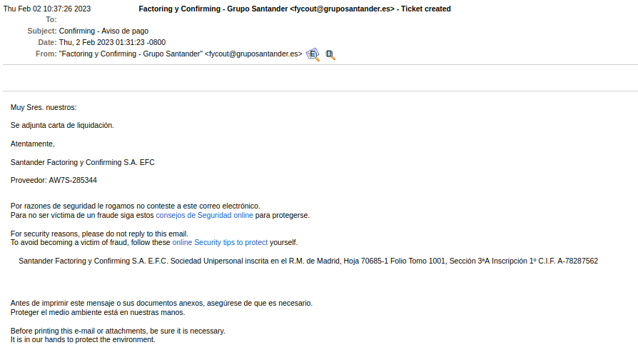 se muestra un correo suplantando al Banco Santander 