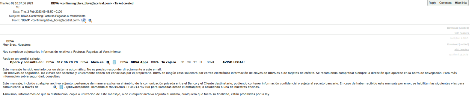 Se muestra un correo suplantando al BBVA