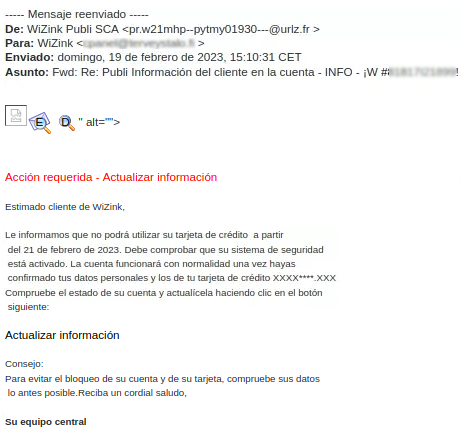 En esta imagen se muestra el correo fraudulento en el cual se solicita actualizar la información por medio de un enlace para impedir que bloqueen la cuenta o tarjeta de crédito.