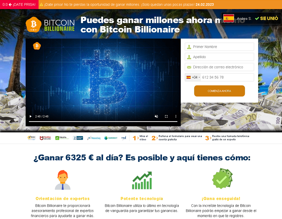 Se muestra la web fraudulenta de las inversiones falsa de criptomonedas y un formulario en el que solicita, correo, nombre y número de teléfono