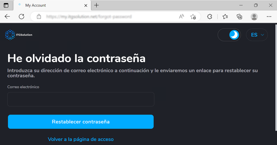 Se muestra una web donde se solicita el correo electrónico para recuperar la contraseña