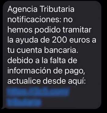 Se muestra un SMS en el que se suplanta a la Agencia Tributaria.