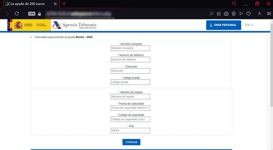 Se muestra una supuesta página de la Agencia Tributaria en la que solicita datos personales y bancarios a través de un formulario