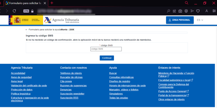 Se muestra una caja de texto, para introducir un código SMS, recibido en el teléfono que se aportó anteriormente