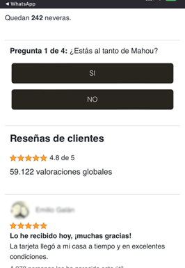 En la web se muestra la promoción, reseñas de supuestos ganadores del premio y una primera pregunta y opciones de respuesta: ¿Estás al tanto de Mahou? SI/NO