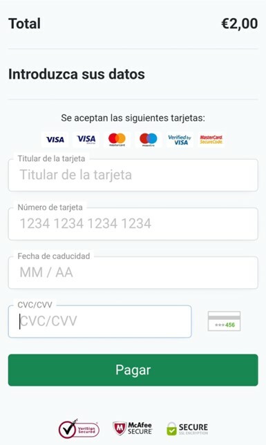 Aparece un formulario que solicita los datos de la tarjeta, Titular, número de tarjeta, fecha de caducidad y código CVC.