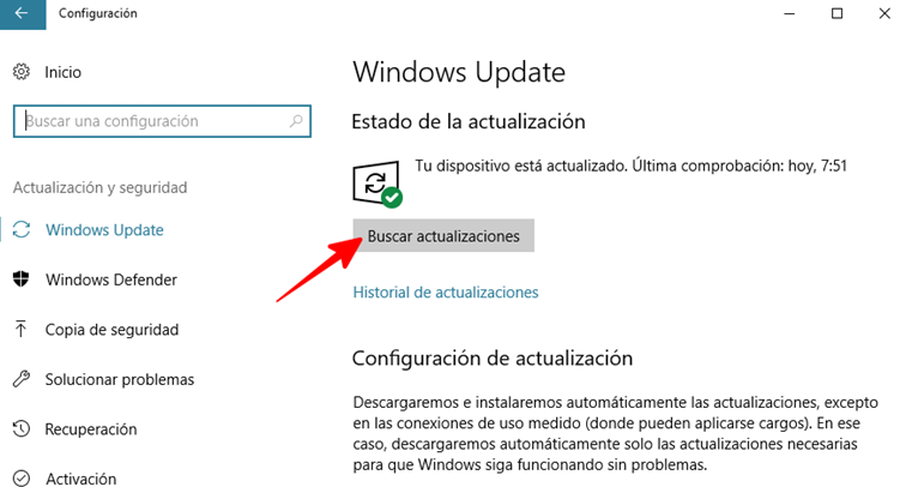 Se muestra la pantalla de Windows Update y se señala en esta la opción Buscar actualizaciones.