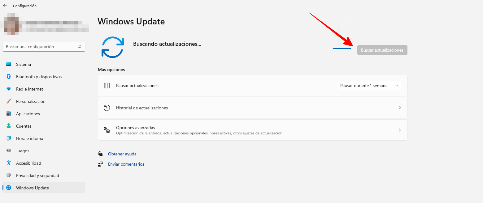 Se muestra la pantalla de Windows Update y se señala en esta la opción Buscar actualizaciones.
