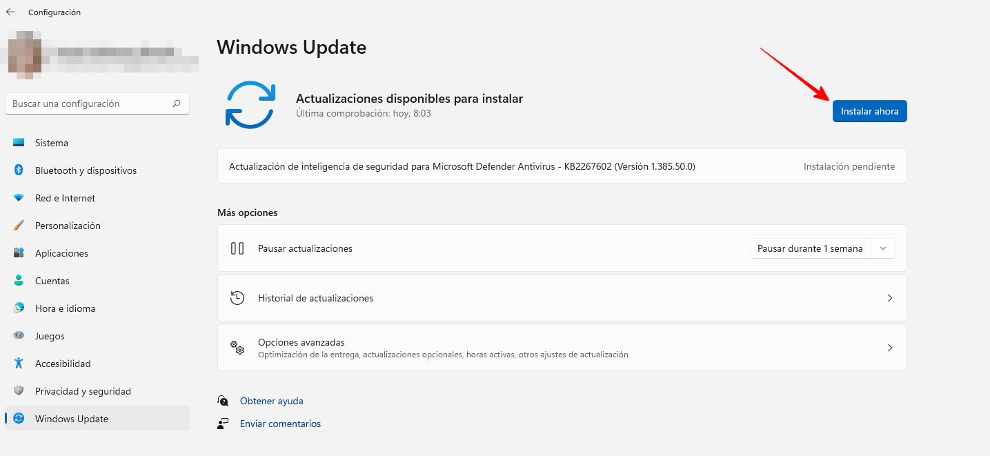 Se muestra la pantalla de Windows Update y muestra señalada la opción Instalar ahora