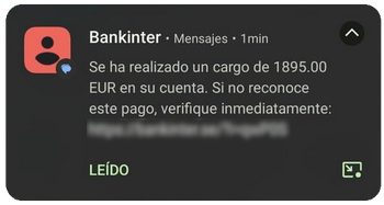 Se muestra un SMS en el cual se informa de que se ha autorizado un cargo de 1895 euros e incita a que se verifique el pago a través de la URL adjunta.