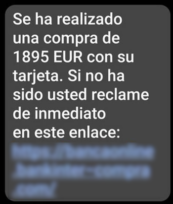 Se muestra un SMS en el cual se informa de un cargo que se ha realizado a la tarjeta de 1985 euros, y se ofrece reclamar este cargo a través de la URL adjunta.